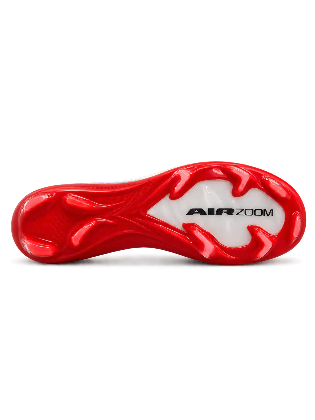 White Nike Mercurial-style FG soccer cleats with black Swoosh, navy gradient heel, neon yellow MERCURIAL lettering, and glossy red AIR ZOOM-branded outsole.