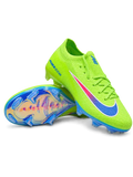 Volt green Nike Mercurial-style FG soccer cleats featuring a pink-to-blue gradient Swoosh, blue AIR ZOOM heel graphics, and iridescent blue outsole.