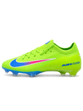 Volt green Nike Mercurial-style FG soccer cleats featuring a pink-to-blue gradient Swoosh, blue AIR ZOOM heel graphics, and iridescent blue outsole.