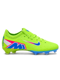 Volt green Nike Mercurial-style FG soccer cleats featuring a pink-to-blue gradient Swoosh, blue AIR ZOOM heel graphics, and iridescent blue outsole.