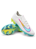 White Nike Mercurial-style FG soccer cleats with turquoise and neon yellow Swoosh outlined in pink, white laces, and iridescent aqua outsole.