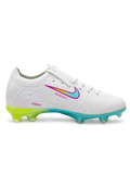 White Nike Mercurial-style FG soccer cleats with turquoise and neon yellow Swoosh outlined in pink, white laces, and iridescent aqua outsole.