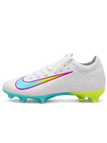 White Nike Mercurial-style FG soccer cleats with turquoise and neon yellow Swoosh outlined in pink, white laces, and iridescent aqua outsole.