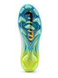 White Nike Mercurial-style FG soccer cleats with turquoise and neon yellow Swoosh outlined in pink, white laces, and iridescent aqua outsole.
