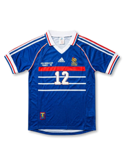 Front view of France 1998 World Cup home shirt in blue with white chest stripes, red trim, tournament print, and number 12 on the front.