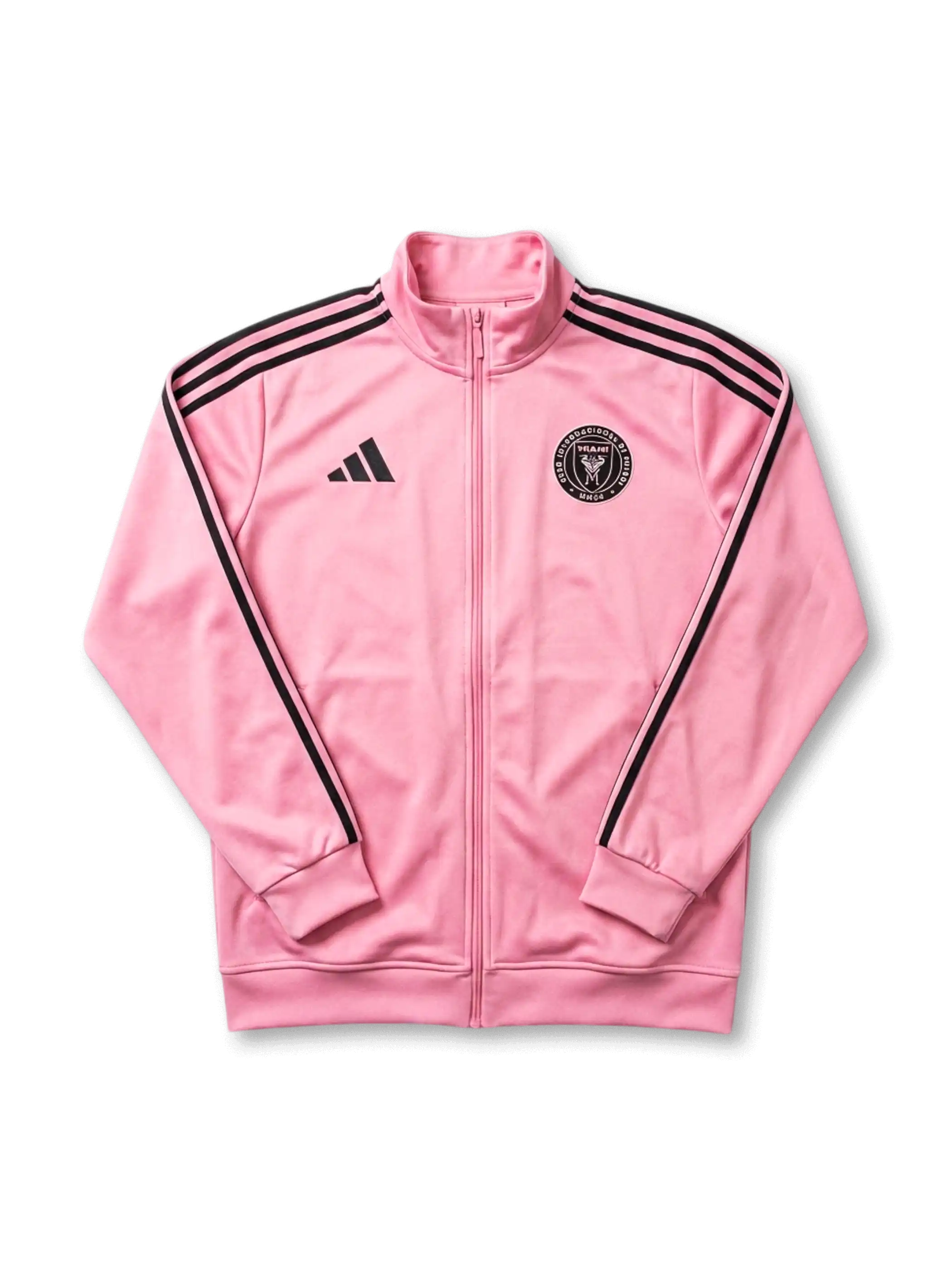 Inter Miami CF adidas track jacket in pink with black Three Stripes on sleeves, black adidas logo at left chest, tonal black circular Inter Miami CF crest at right chest, ribbed collar and cuffs