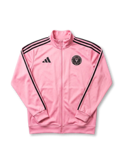 Inter Miami CF adidas track jacket in pink with black Three Stripes on sleeves, black adidas logo at left chest, tonal black circular Inter Miami CF crest at right chest, ribbed collar and cuffs