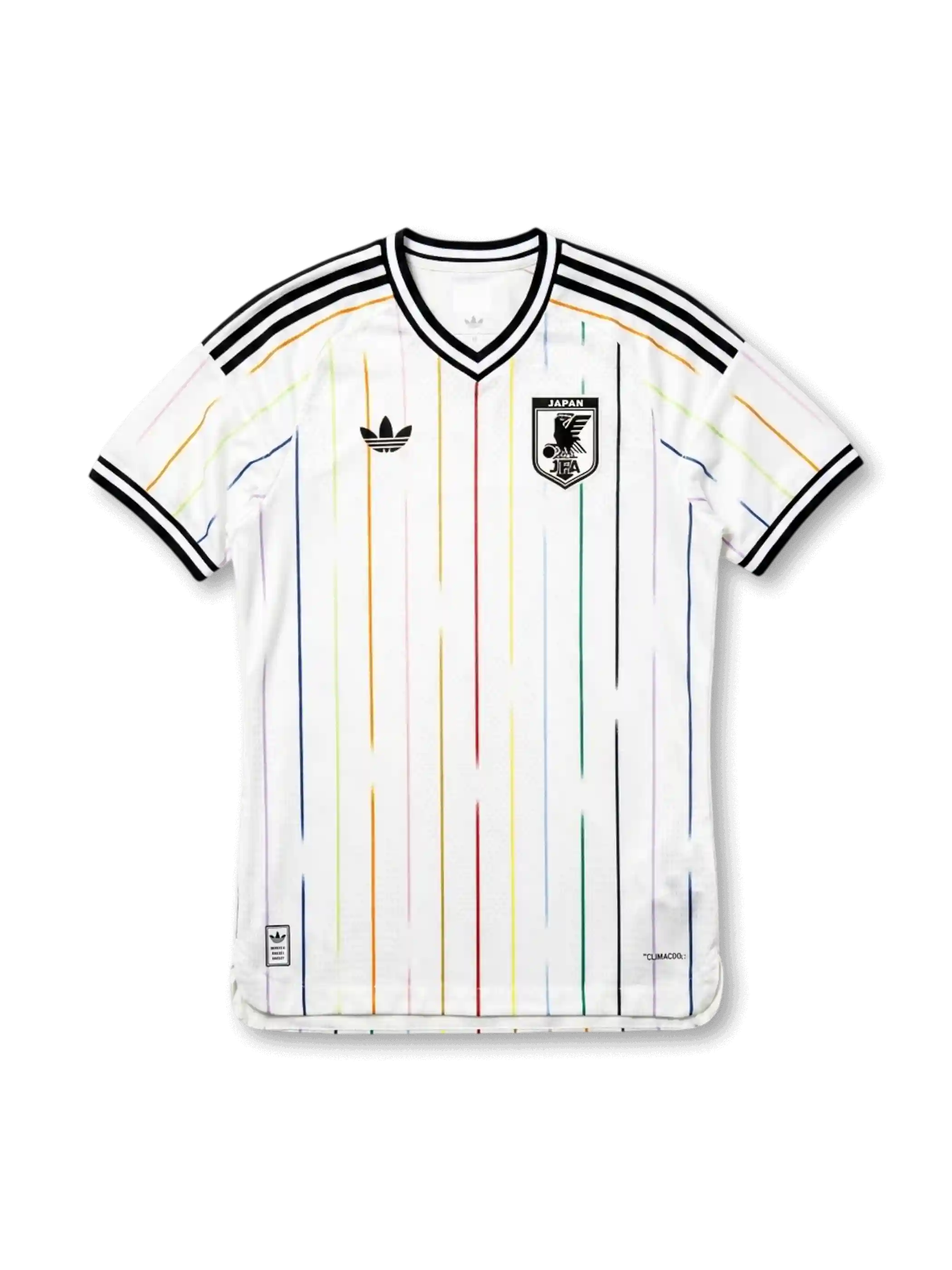 Japan national team adidas 2026 World Cup Authentic (Player Issue) away jersey in white with multicolor rainbow vertical pinstripes, black V-neck collar, black Three Stripes on shoulders, Trefoil at left chest, JFA eagle crest at right chest