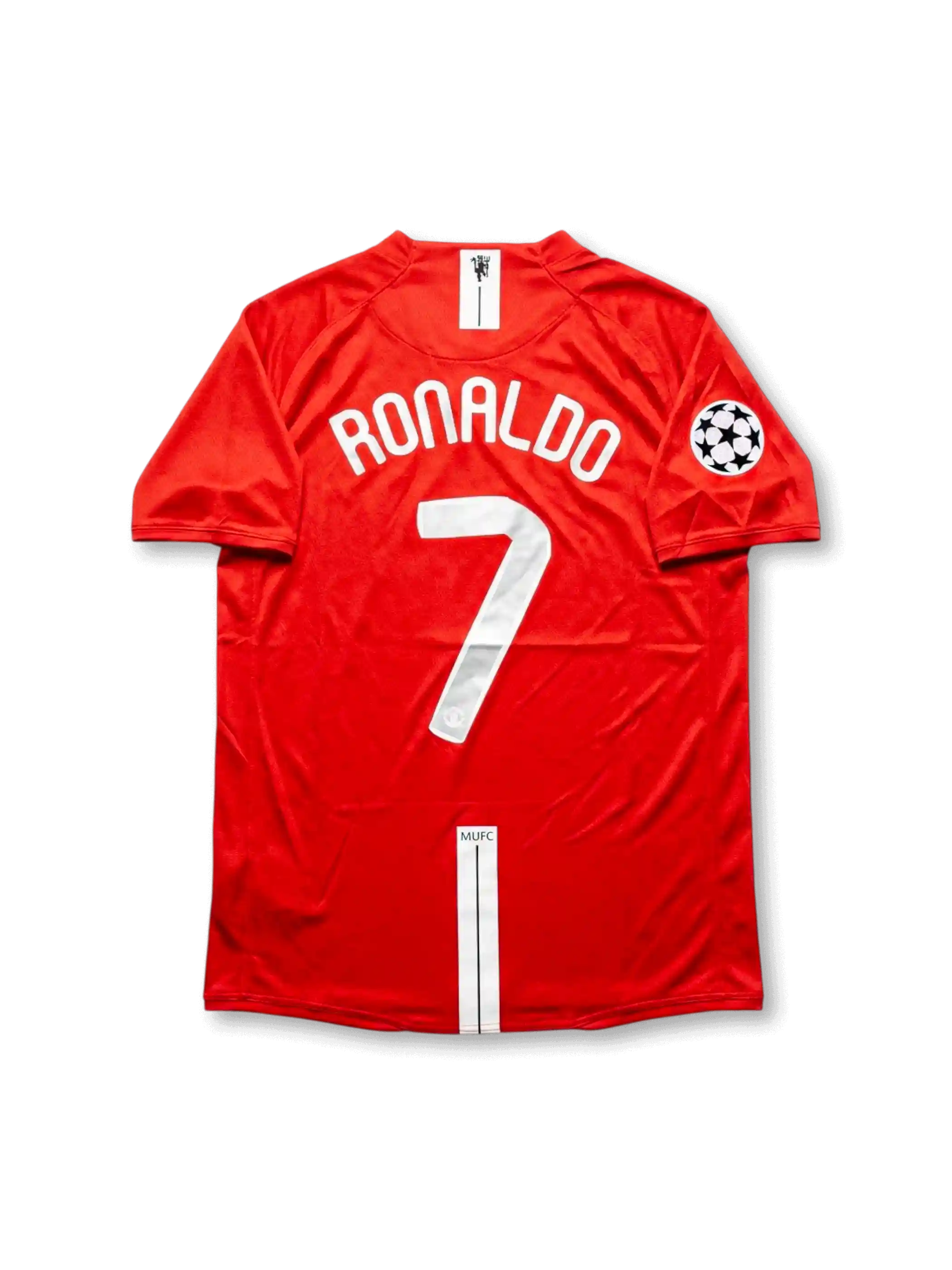 Front view of Manchester United 2008 Champions League Final home shirt in red with AIG sponsor, club crest, Moscow final embroidery, and Champions League sleeve patch.