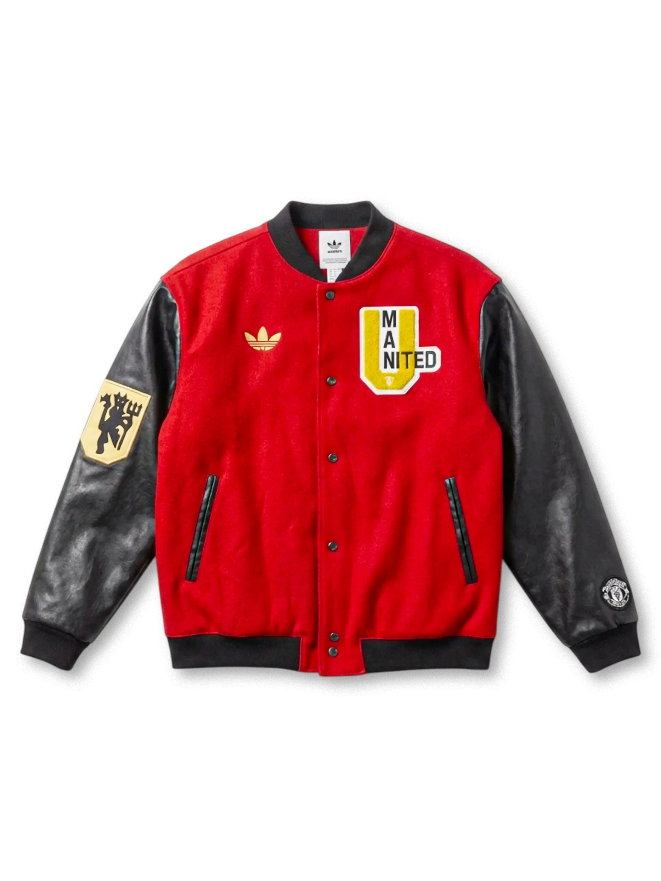 Manchester United adidas Originals varsity jacket in red wool with black leather sleeves, gold Trefoil at left chest, MAN UNITED collegiate shield patch at right chest, red devil embroidered patch on left sleeve