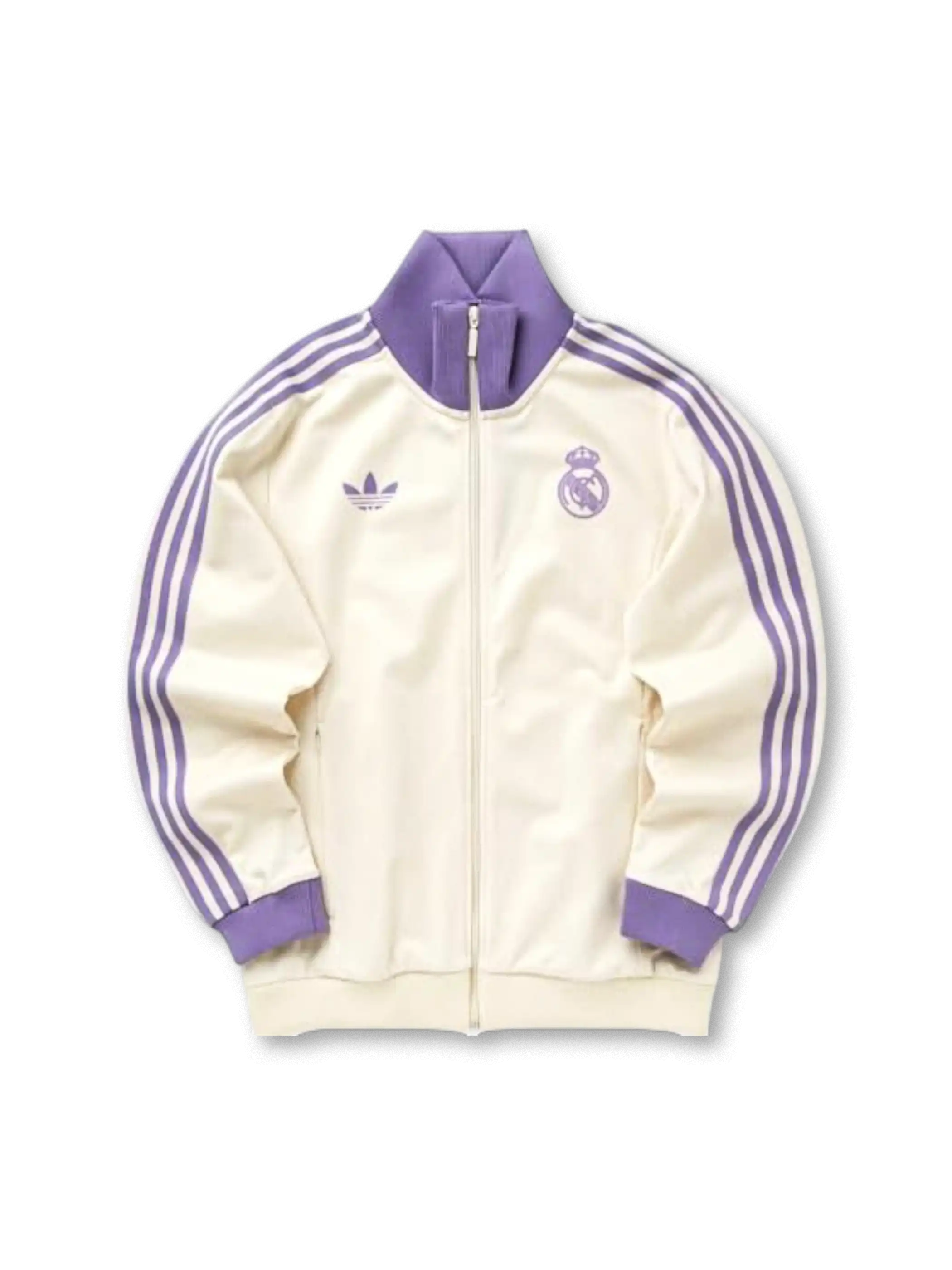 Real Madrid adidas Originals Beckenbauer track jacket in cream with lavender purple Three Stripes, ribbed collar and cuffs, tonal purple Real Madrid crest and Trefoil logo at chest