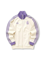 Real Madrid adidas Originals Beckenbauer track jacket in cream with lavender purple Three Stripes, ribbed collar and cuffs, tonal purple Real Madrid crest and Trefoil logo at chest