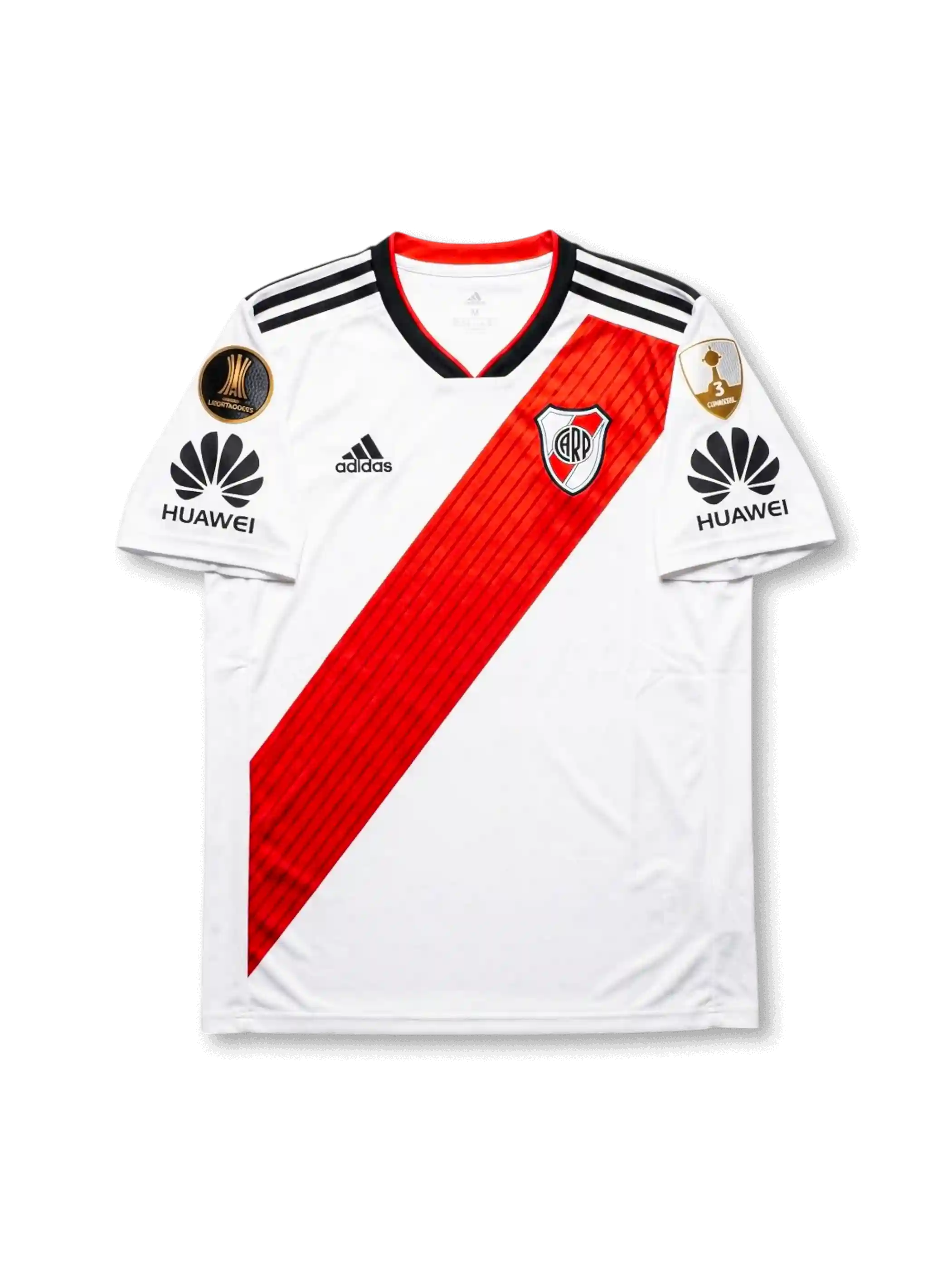 Front view of River Plate home shirt in white with red diagonal sash, black adidas logo, club crest, Huawei sleeve sponsor, and competition patches.