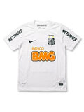Front view of Santos 2012 centenary home shirt in white with Banco BMG sponsor, black swoosh, anniversary crest, and NETSHOES sleeve print.