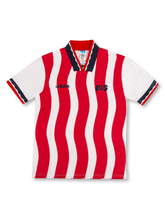 USA national team adidas Originals 1994 retro home jersey with full-body wavy red and white vertical stripes, navy polo collar with red lining, black adidas wordmark at left chest, black USA script badge at right chest