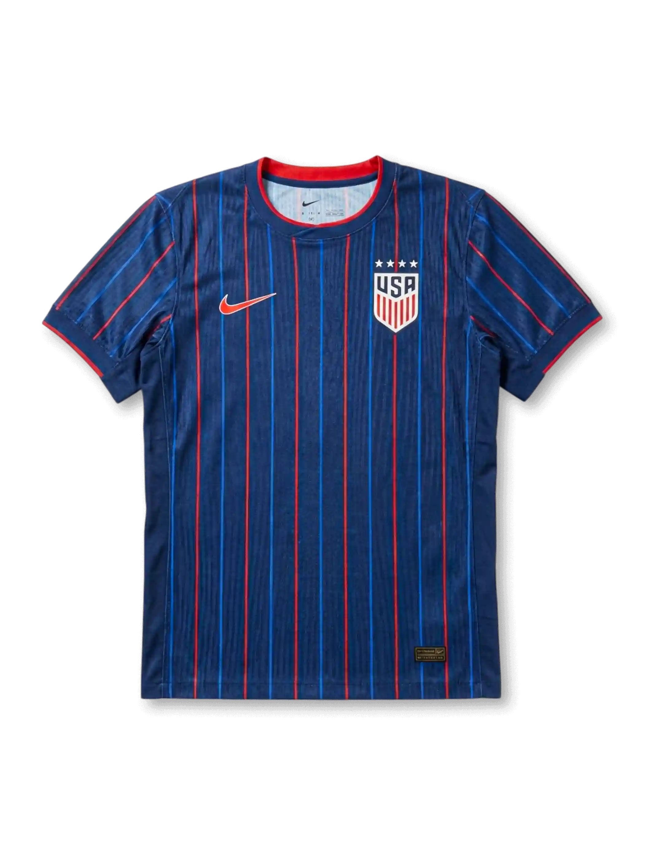 USA national team Nike 2025/26 World Cup Authentic (Player Issue) away jersey in navy with alternating red and blue vertical pinstripes, four-star USA shield crest in white at right chest, red Swoosh at left chest, red crew collar and sleeve cuff bands
