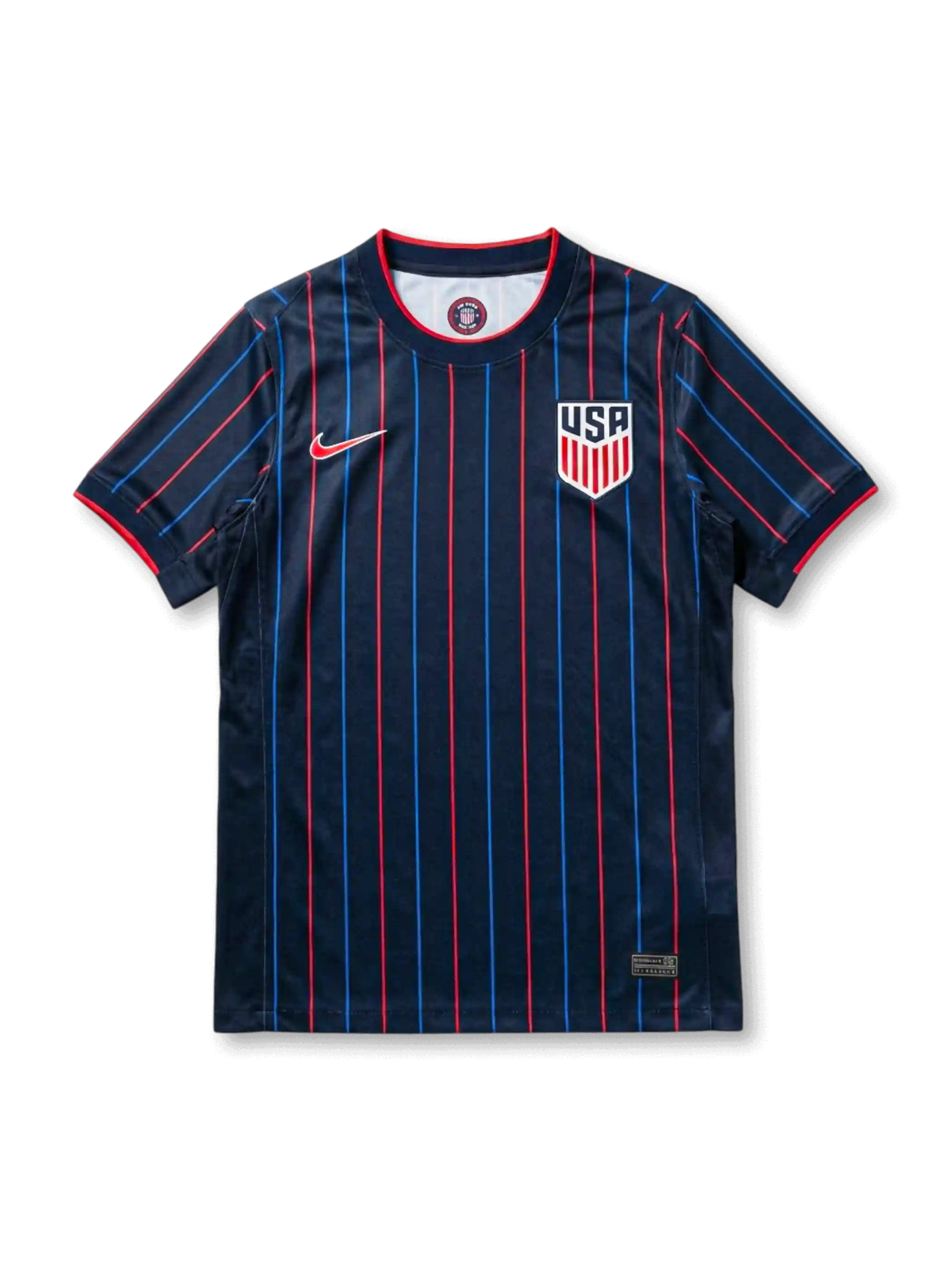 USA national team Nike 2025/26 World Cup away jersey in navy with alternating red and blue vertical pinstripes, red crew collar with white inner trim, red Swoosh at left chest, USA shield crest in white at right chest, red sleeve cuff bands