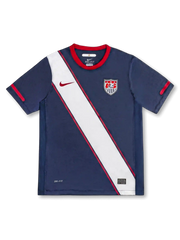 USA national team Nike 2010 World Cup away jersey in navy with wide diagonal white and red sash across front body, red crew collar, red Swoosh at left chest, US Soccer shield crest at right chest