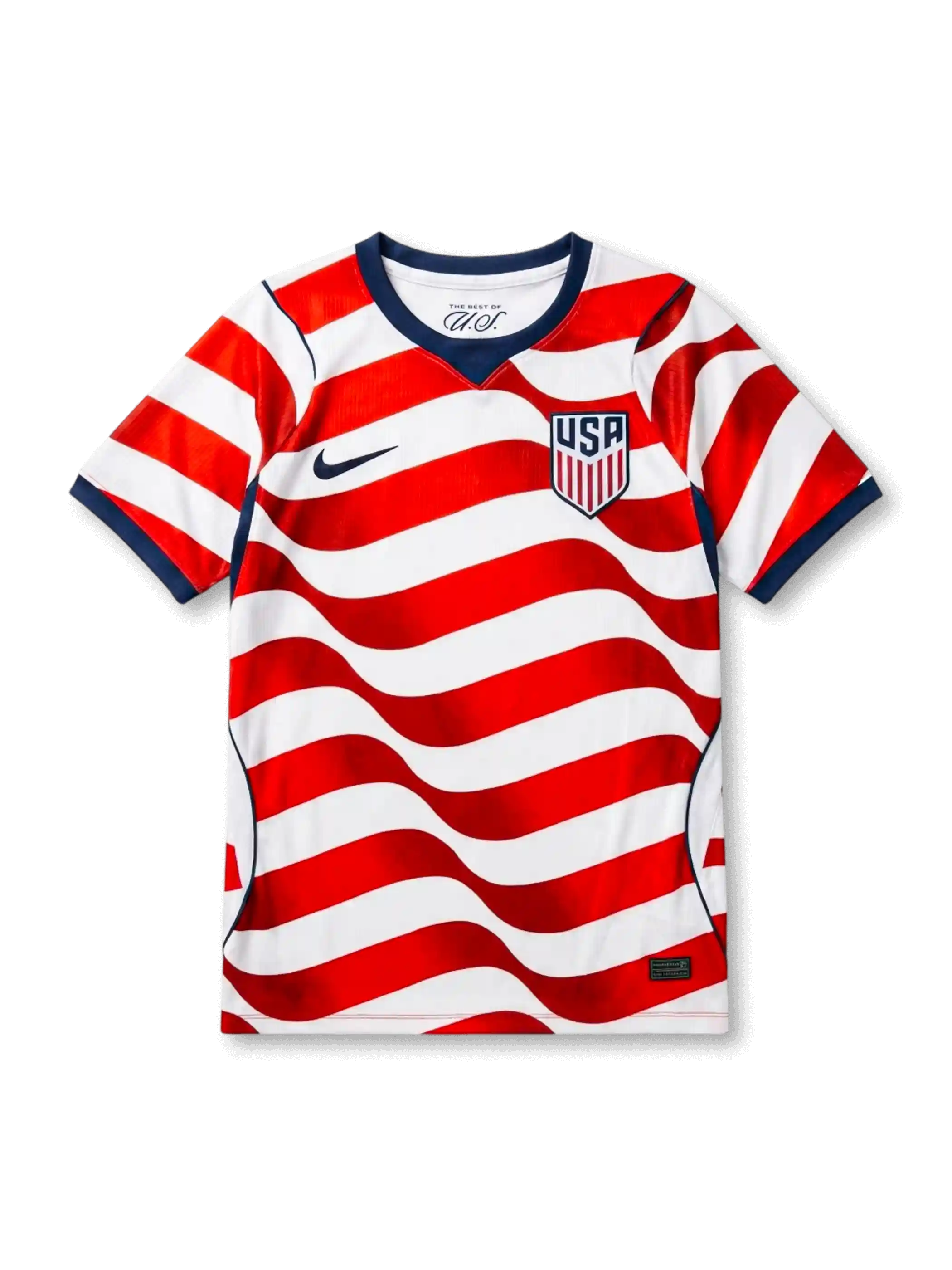 USA national team Nike 2026/27 home jersey in white with full-body wavy red and white stripe pattern, navy V-neck collar, navy curved side panels, navy Swoosh at left chest, USA shield crest at right chest, navy sleeve cuff bands