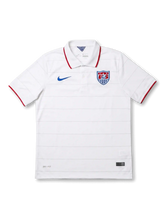 USA national team Nike 2014 World Cup home jersey in white with tonal horizontal stripe texture, red-tipped polo collar, blue Swoosh at left chest, US Soccer shield crest at right chest, red sleeve cuff trim