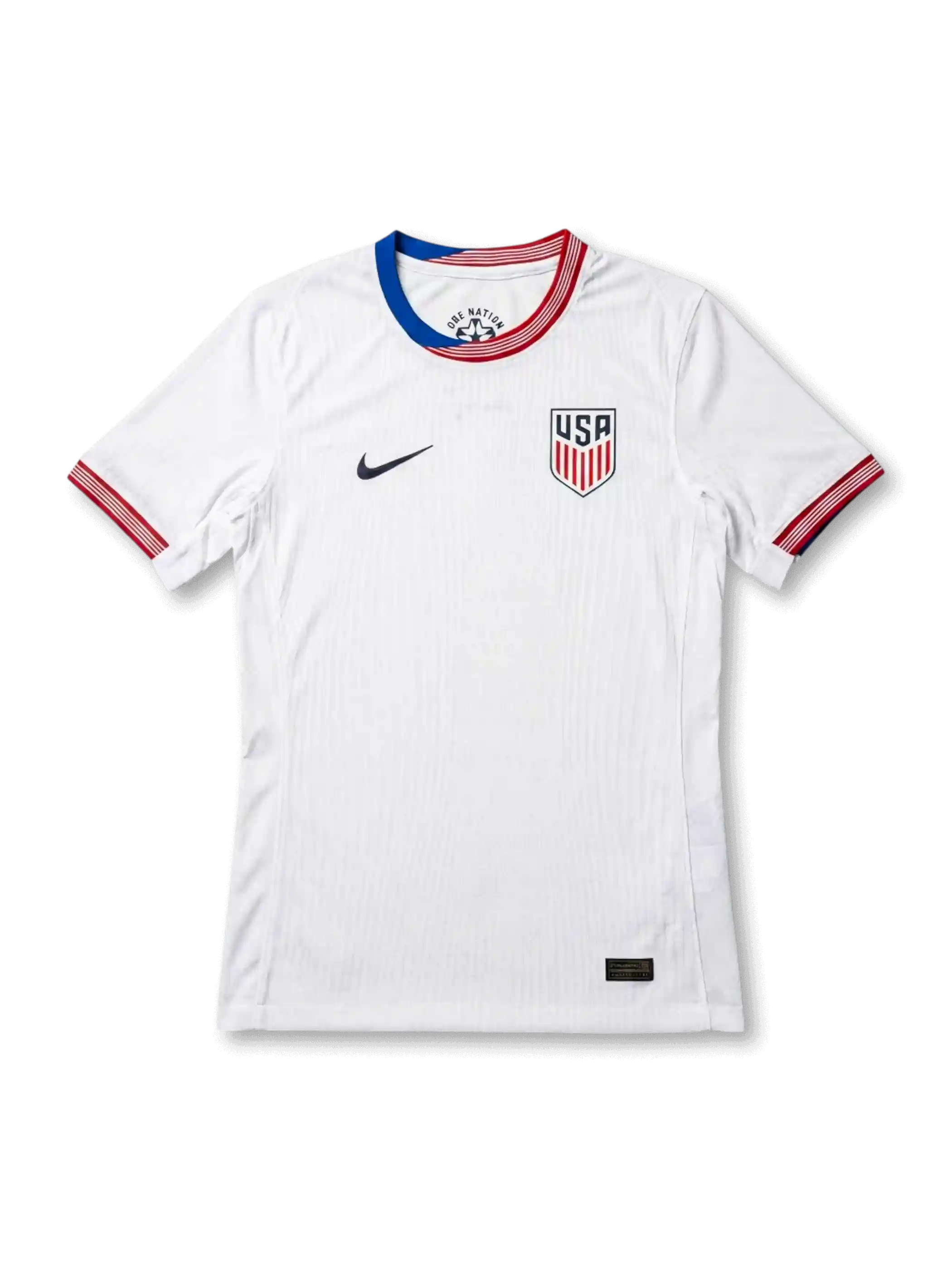 USA national team Nike 2024/25 home jersey in white with tonal vertical pinstripe texture, ONE NATION tricolor layered crew collar in red, white, and blue, navy Swoosh at left chest, USA shield crest at right chest, red and blue sleeve cuff bands