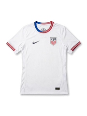 USA national team Nike 2024/25 home jersey in white with tonal vertical pinstripe texture, ONE NATION tricolor layered crew collar in red, white, and blue, navy Swoosh at left chest, USA shield crest at right chest, red and blue sleeve cuff bands