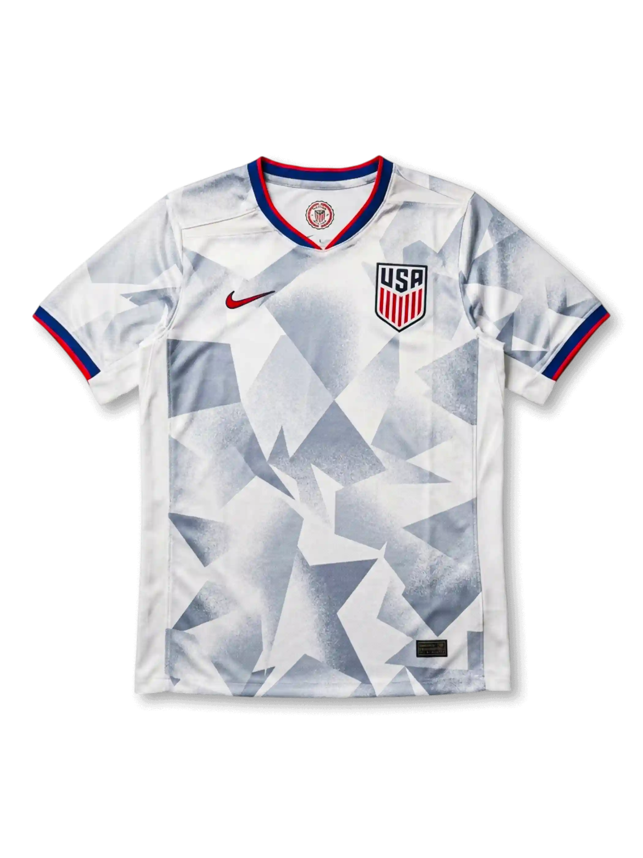 USA national team Nike 2025/26 World Cup away jersey in navy with alternating red and blue vertical pinstripes, red crew collar with white inner trim, red Swoosh at left chest, USA shield crest in white at right chest, red sleeve cuff bands
