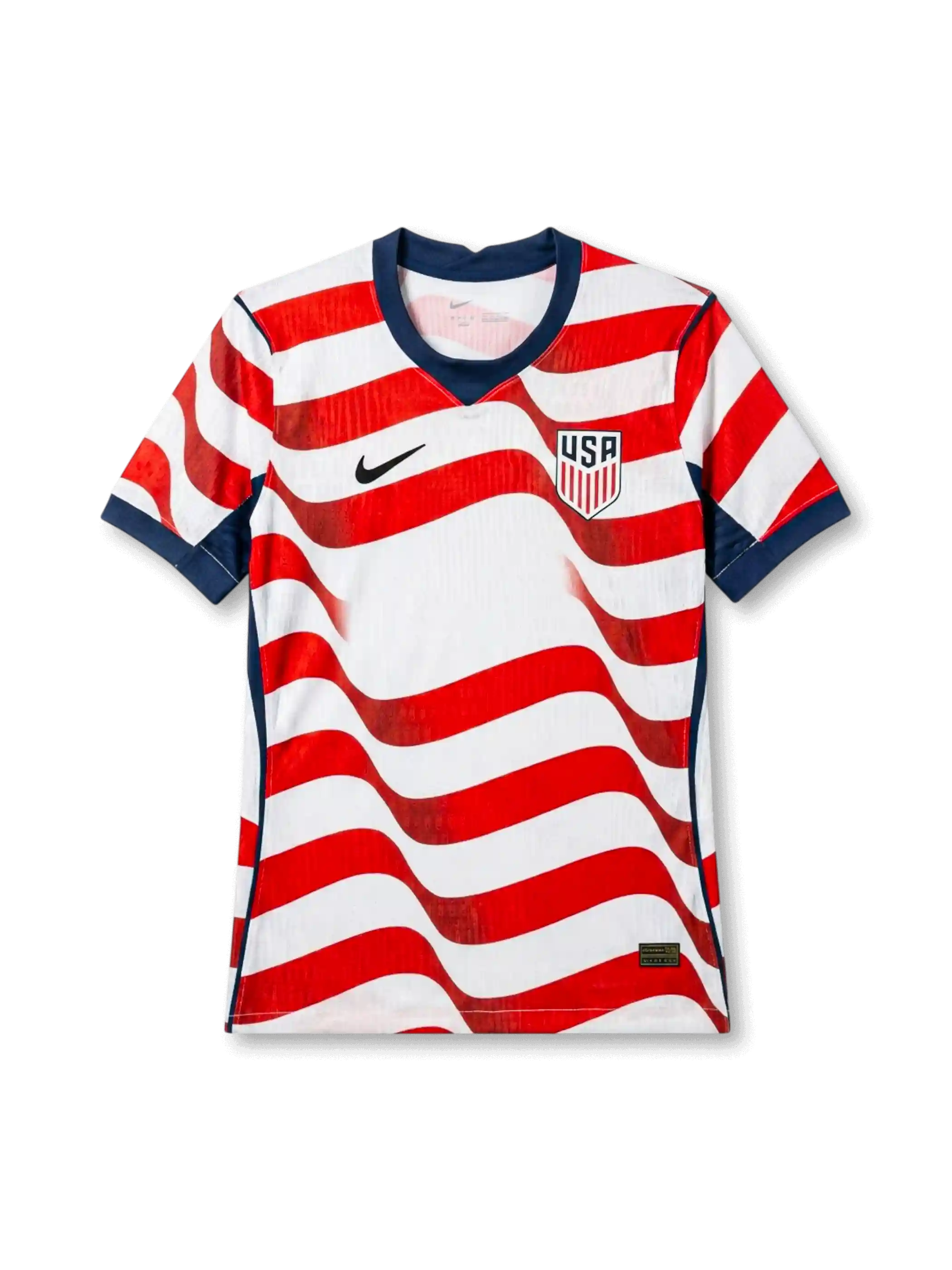 USA national team Nike 2026/27 Special Edition Authentic (Player Issue) jersey with full-body wavy red and white stripe front, navy V-neck collar, navy curved side panels, black Swoosh at left chest, USA shield crest at right chest