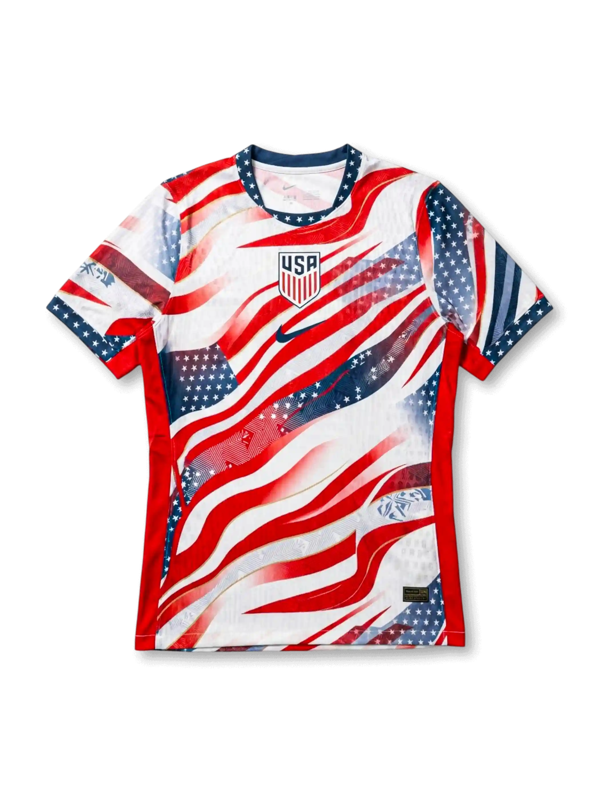 USA national team Nike Special Edition Authentic (Player Issue) jersey with full American flag allover print — dynamic red stripes and navy star canton across white body, star-print navy collar, navy Swoosh and USA shield crest at chest, red side panels