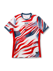 USA national team Nike Special Edition Authentic (Player Issue) jersey with full American flag allover print — dynamic red stripes and navy star canton across white body, star-print navy collar, navy Swoosh and USA shield crest at chest, red side panels