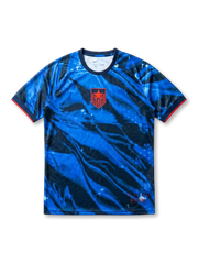 USA national team Nike 2028 Los Angeles Olympics Special Edition Authentic (Player Issue) jersey with royal blue and navy tie-dye marble allover print, red alternate star-shield crest at left chest, navy crew collar, red sleeve cuff bands, LA 2028 tournament designation at lower hem