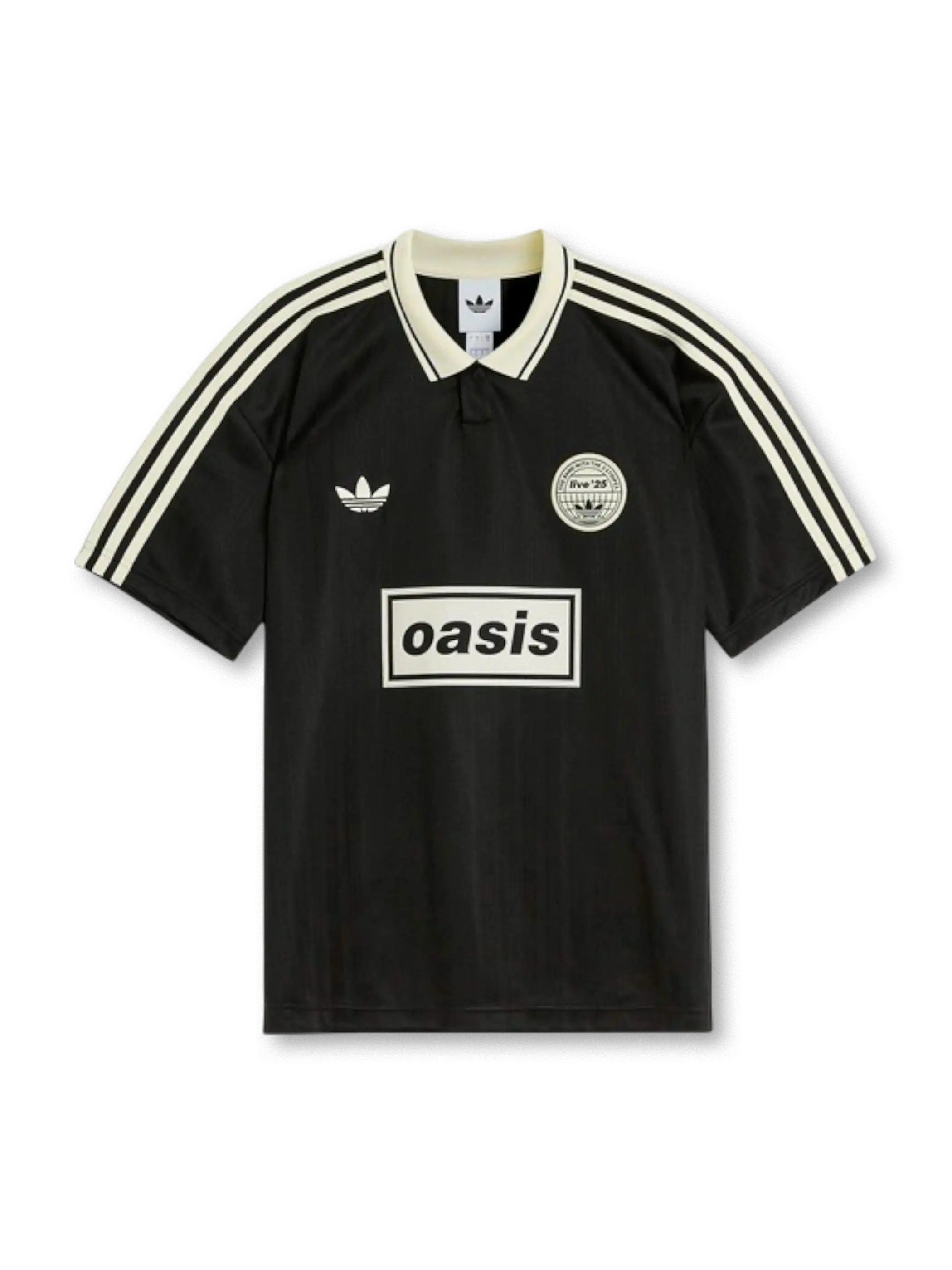 Front view of Oasis Live ’25 black collared shirt with off-white stripes, trefoil chest logo, circular crest, and boxed oasis graphic.