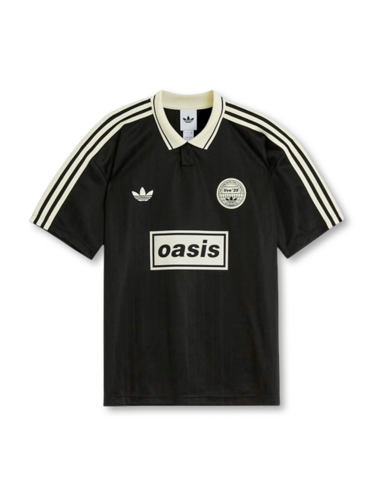 Front view of Oasis Live ’25 black collared shirt with off-white stripes, trefoil chest logo, circular crest, and boxed oasis graphic.