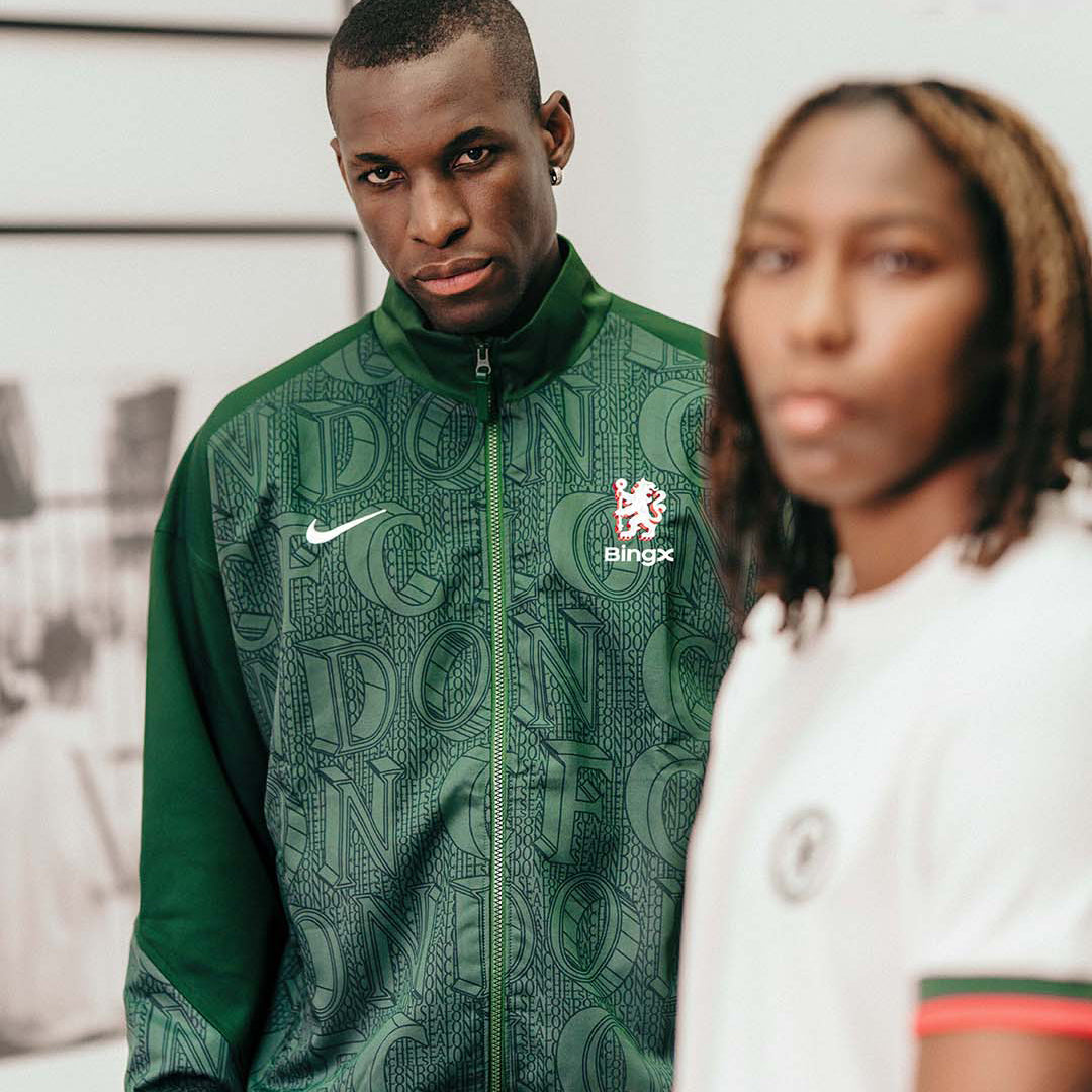 Chelsea's lion wrapped in London type. The heritage track jacket is here.
