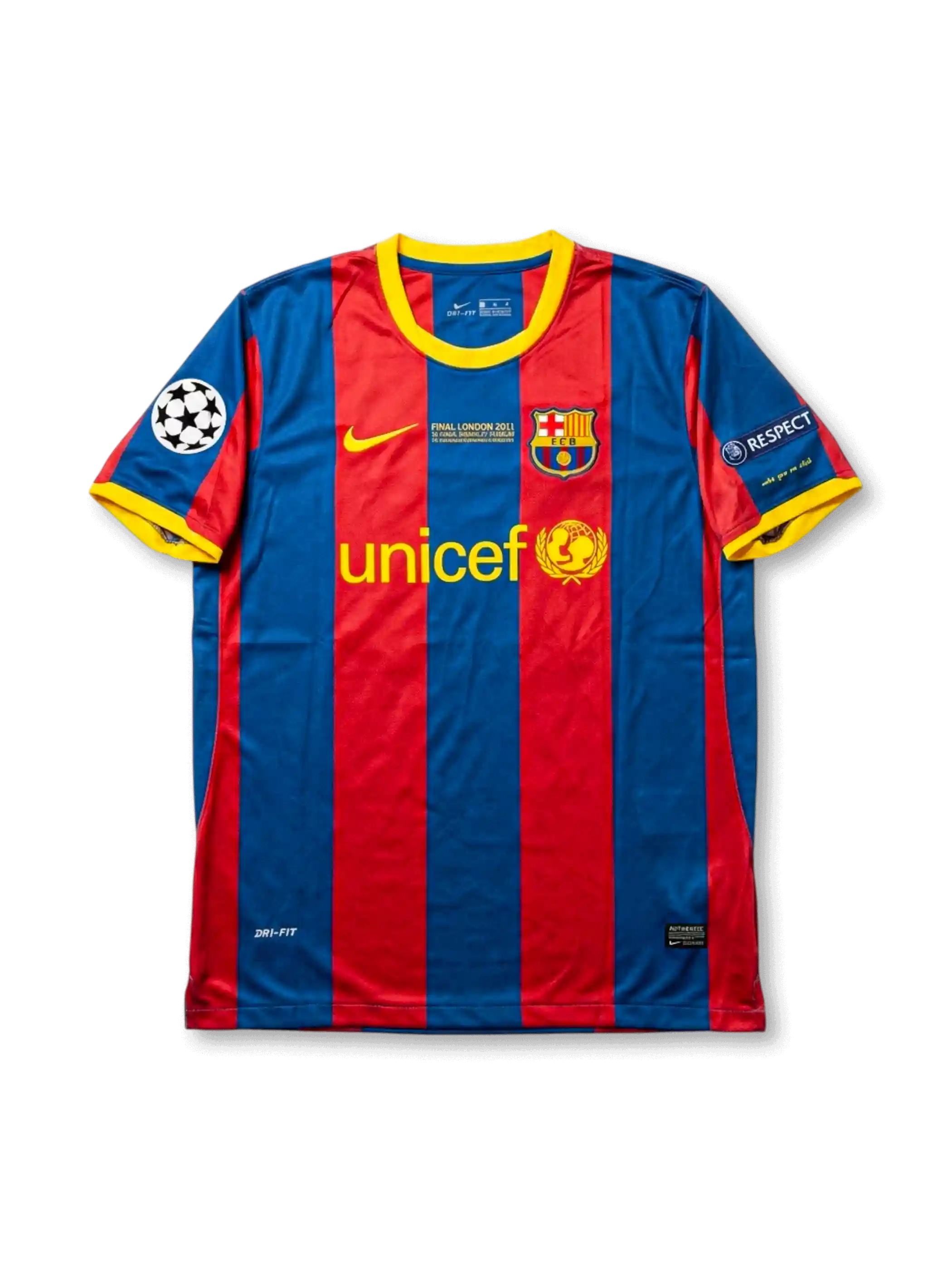 Front view of Barcelona 2011 Champions League Final home shirt in red and blue stripes with UNICEF sponsor, London final embroidery, club crest, and Champions League sleeve patch.