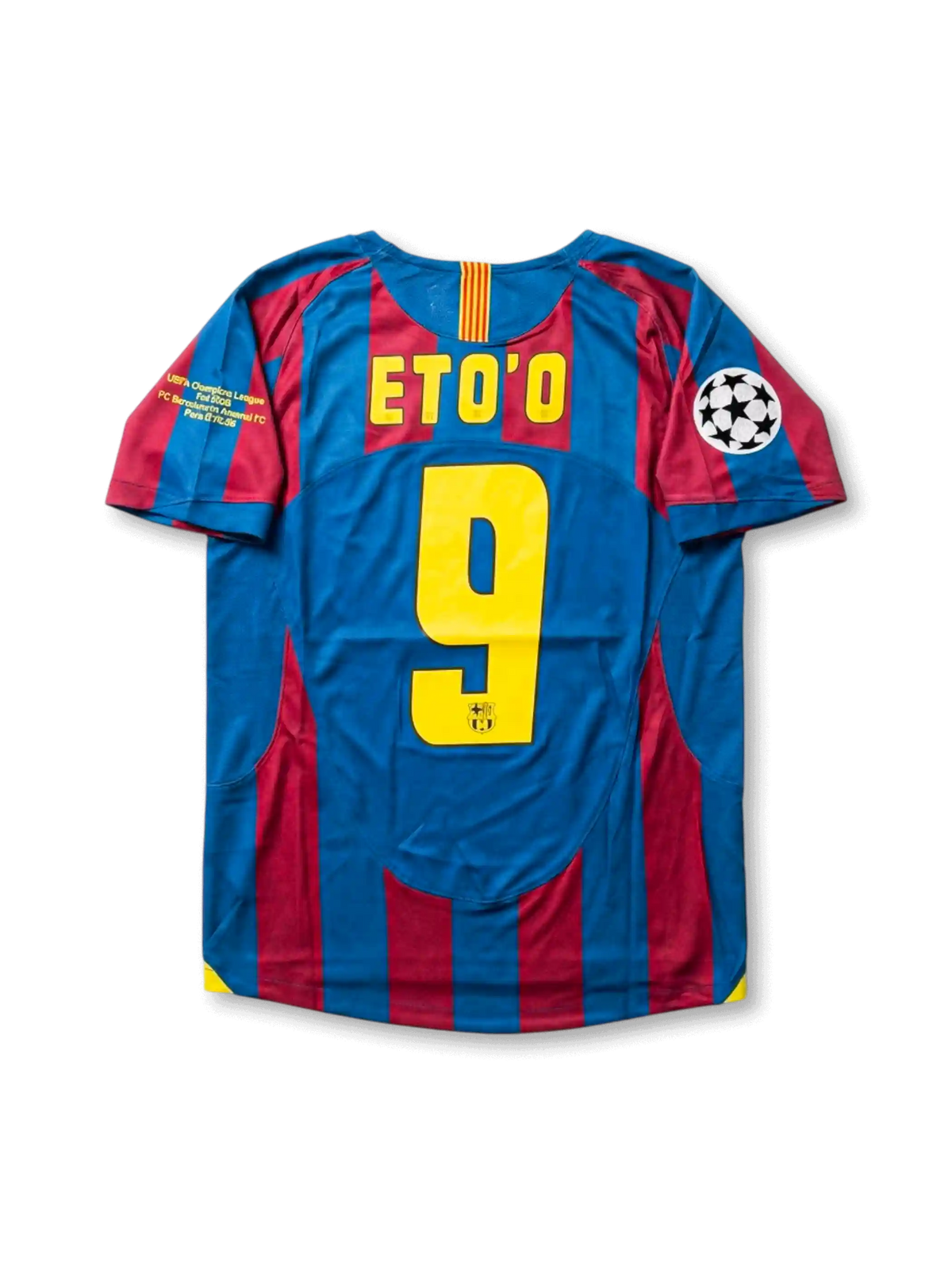 Front view of Barcelona 2005-06 Paris Final home shirt with blaugrana stripes, club crest, yellow detailing, Champions League patch, and final sleeve embroidery.