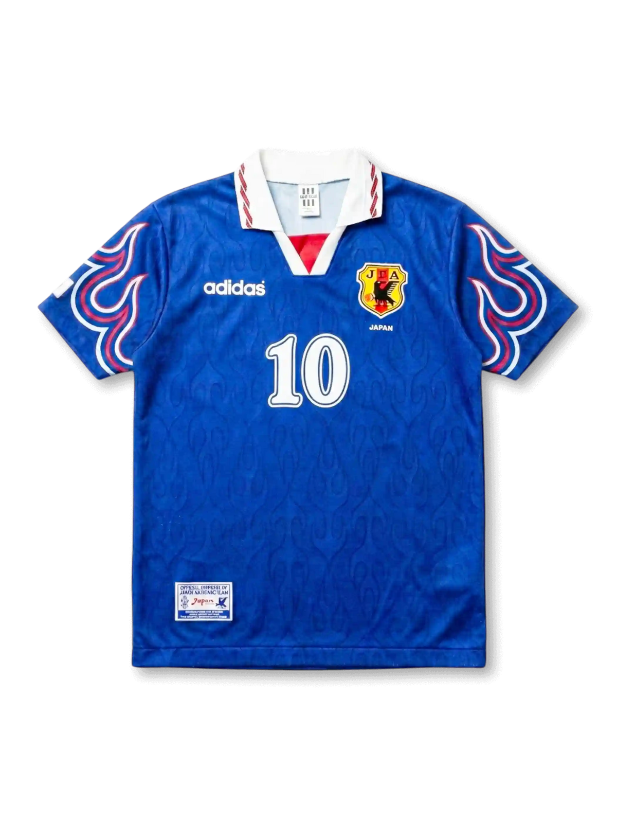 Front view of Japan 1997-98 home shirt with blue body, flame sleeve graphics, JFA crest, and #10 front number.