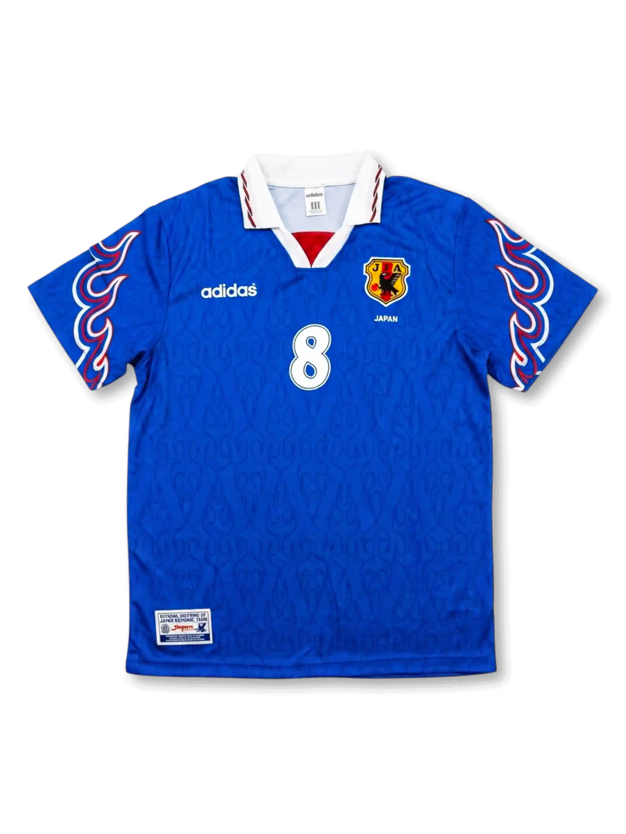 Front view of Japan 1997-98 home shirt with blue body, flame sleeve graphics, JFA crest, and #8 front number.