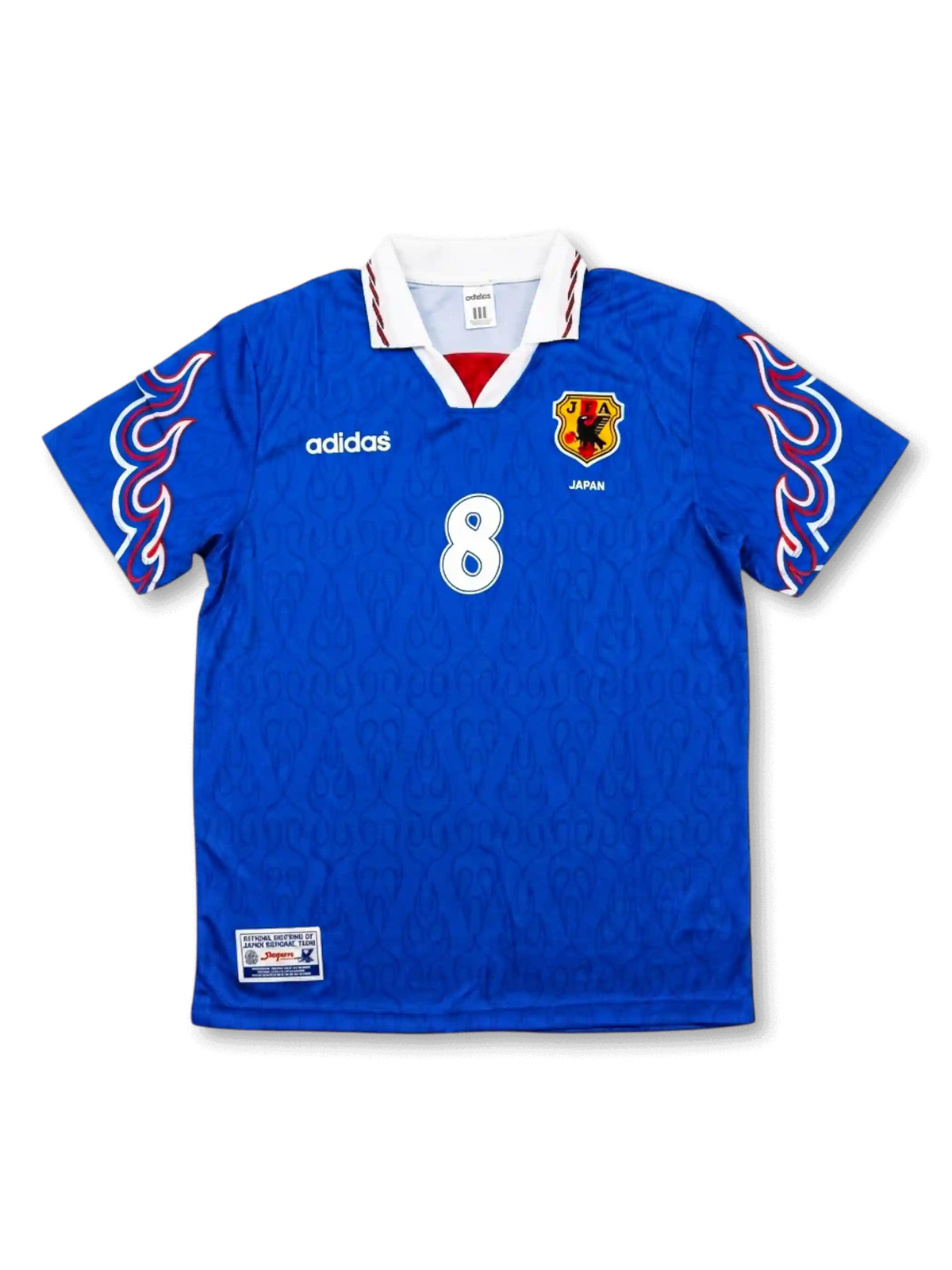 Front view of Japan 1997-98 home shirt with blue body, flame sleeve graphics, JFA crest, and #8 front number.