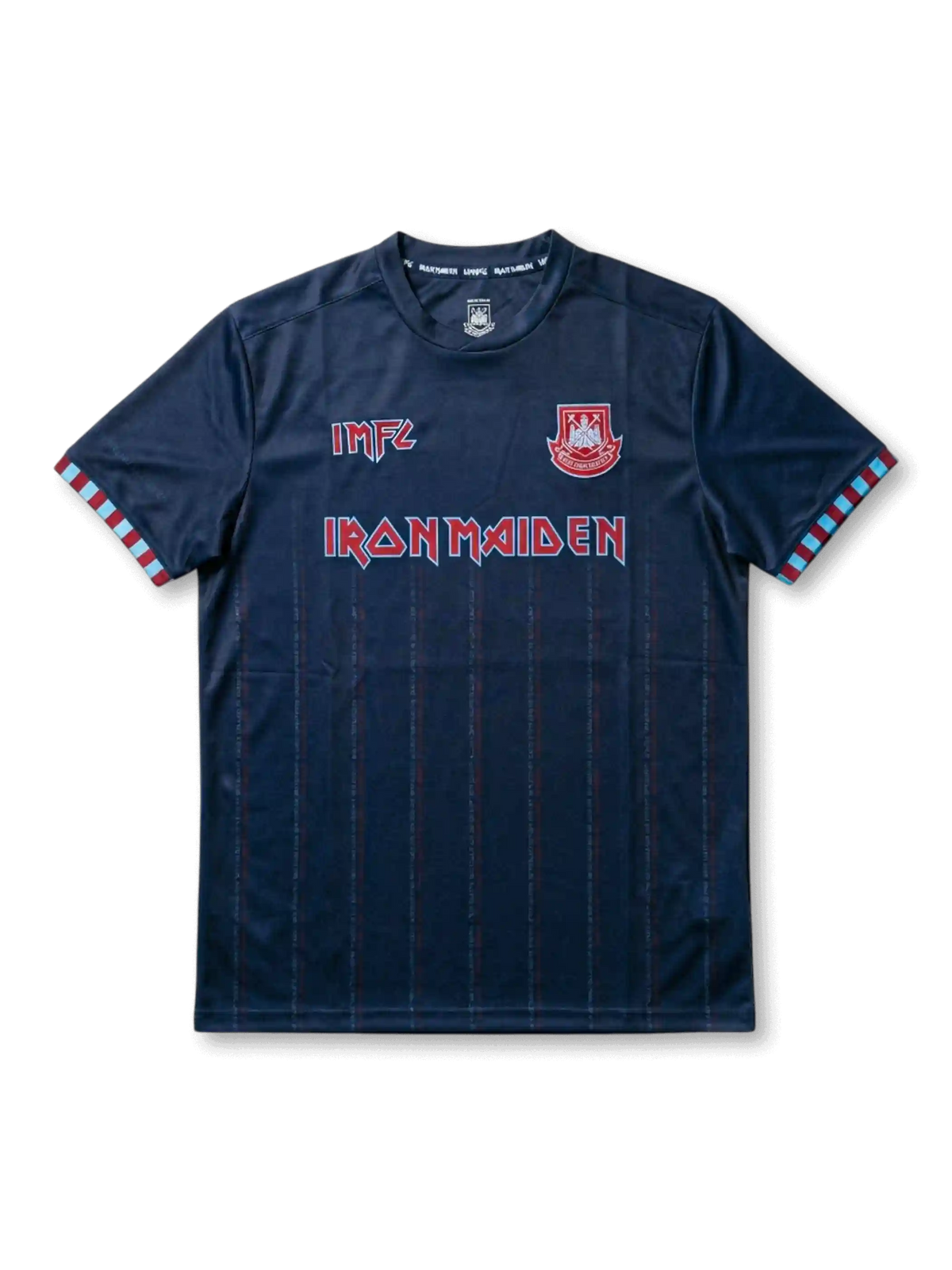 Front view of West Ham United Iron Maiden special edition shirt with dark navy body, club crest, Iron Maiden logo, IMFC detail, and claret-blue sleeve trim.