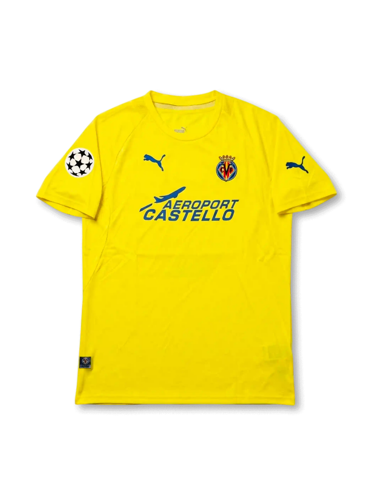Front view of Villarreal 2005-06 Champions League home shirt with yellow body, club crest, Aeroport Castello sponsor, and UEFA Champions League sleeve patch.