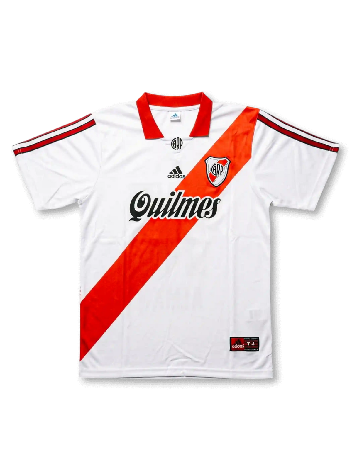 Front view of River Plate late 90s home shirt with white body, red diagonal sash, Quilmes sponsor, club crest, and red collar.
