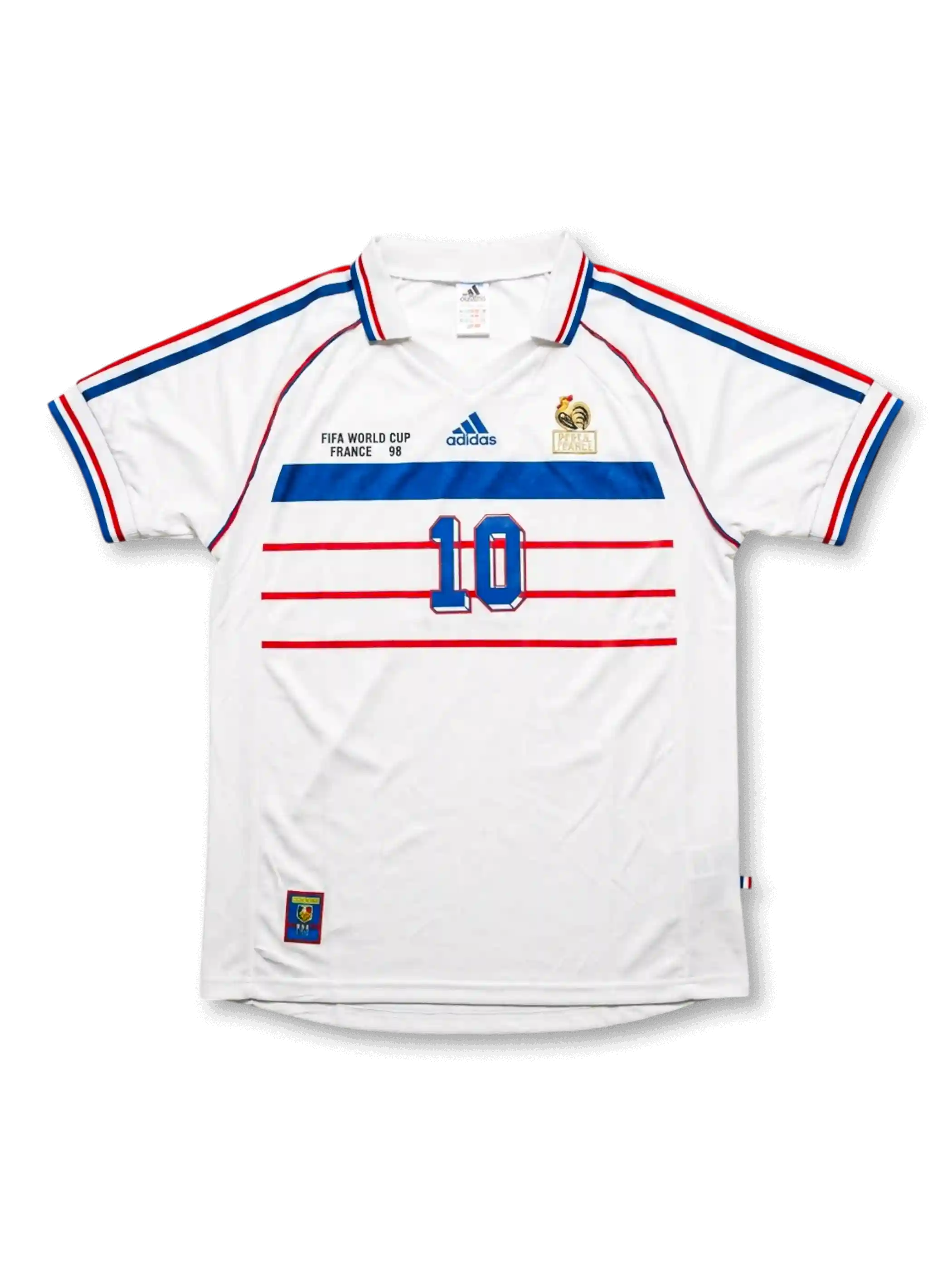 Front view of France 1998 World Cup away shirt with white body, blue and red chest stripes, FFF crest, and #10 front number.