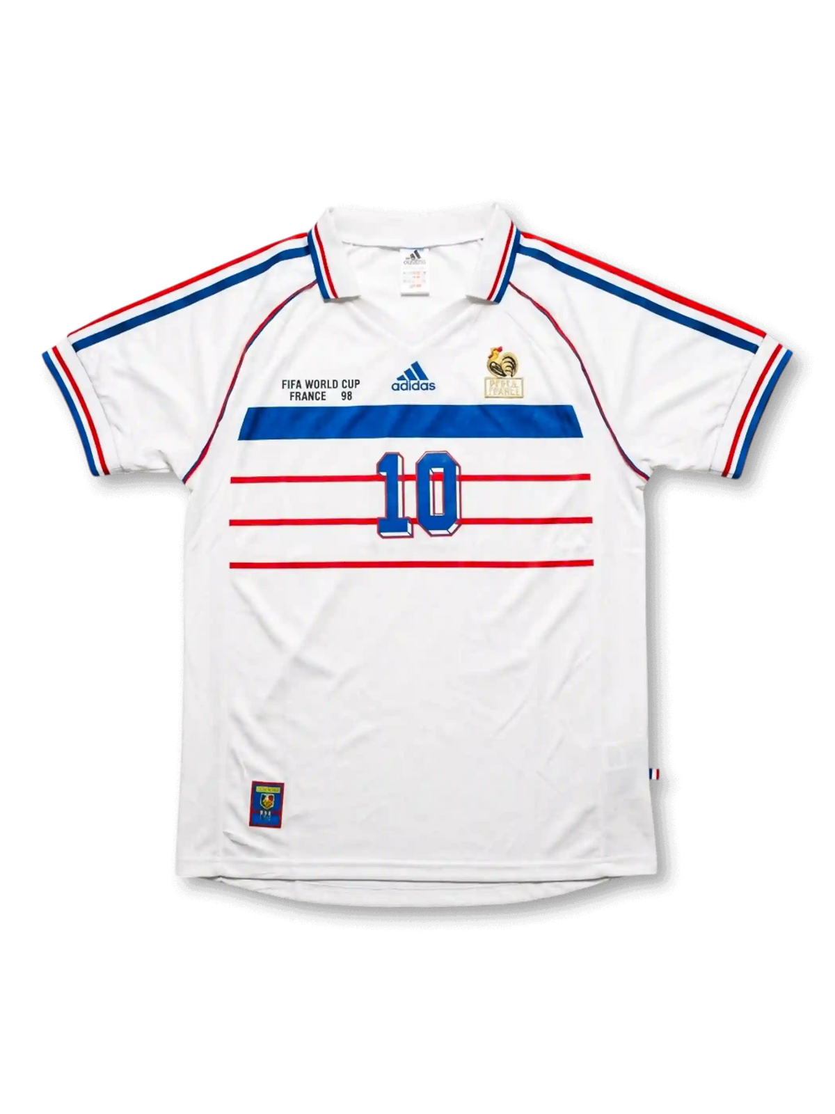 Front view of France 1998 World Cup away shirt with white body, blue and red chest stripes, FFF crest, and #10 front number.