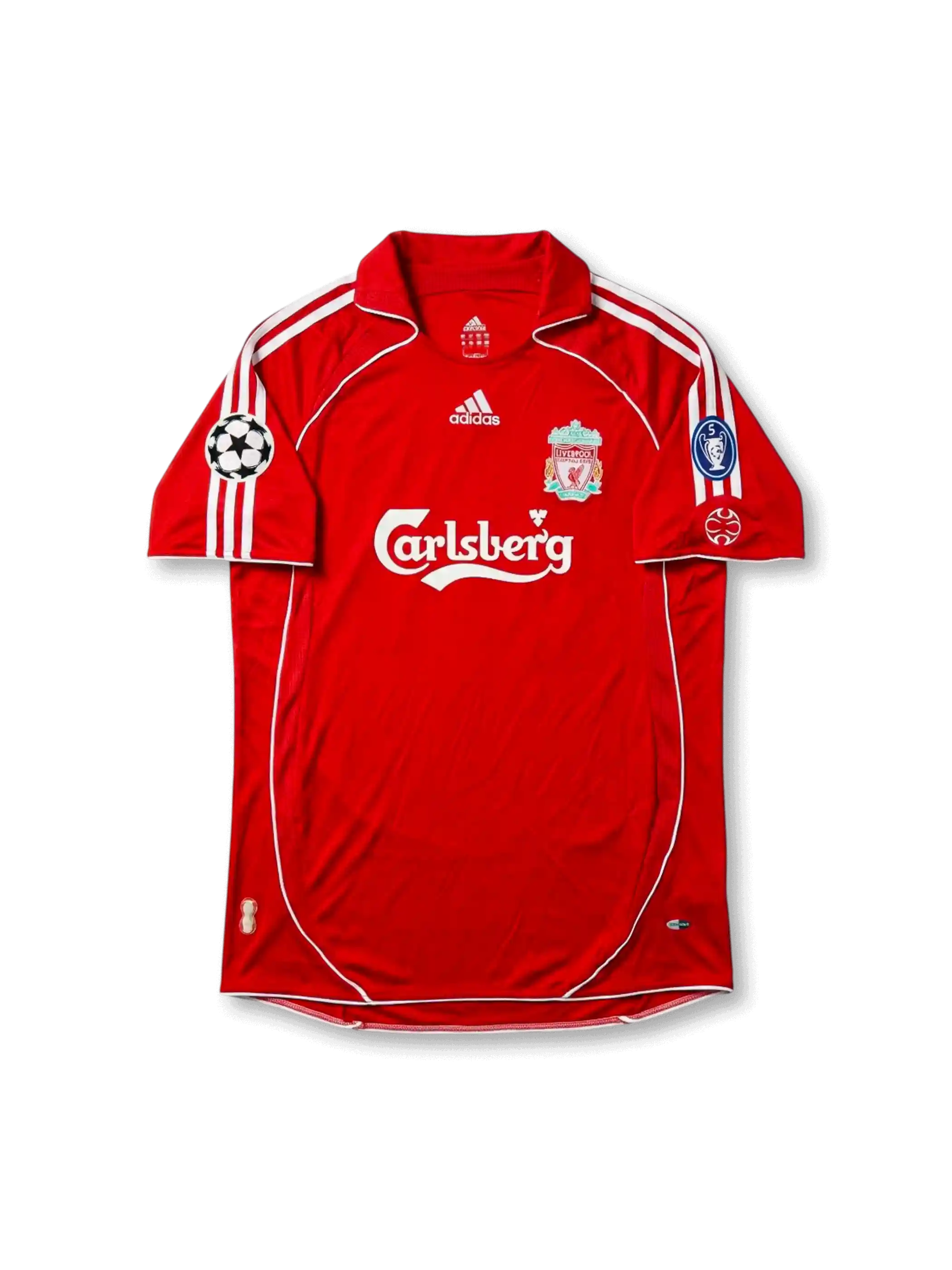Front view of Liverpool 2005-06 Champions League home shirt with red body, Carlsberg sponsor, club crest, Adidas detailing, and European sleeve patches.