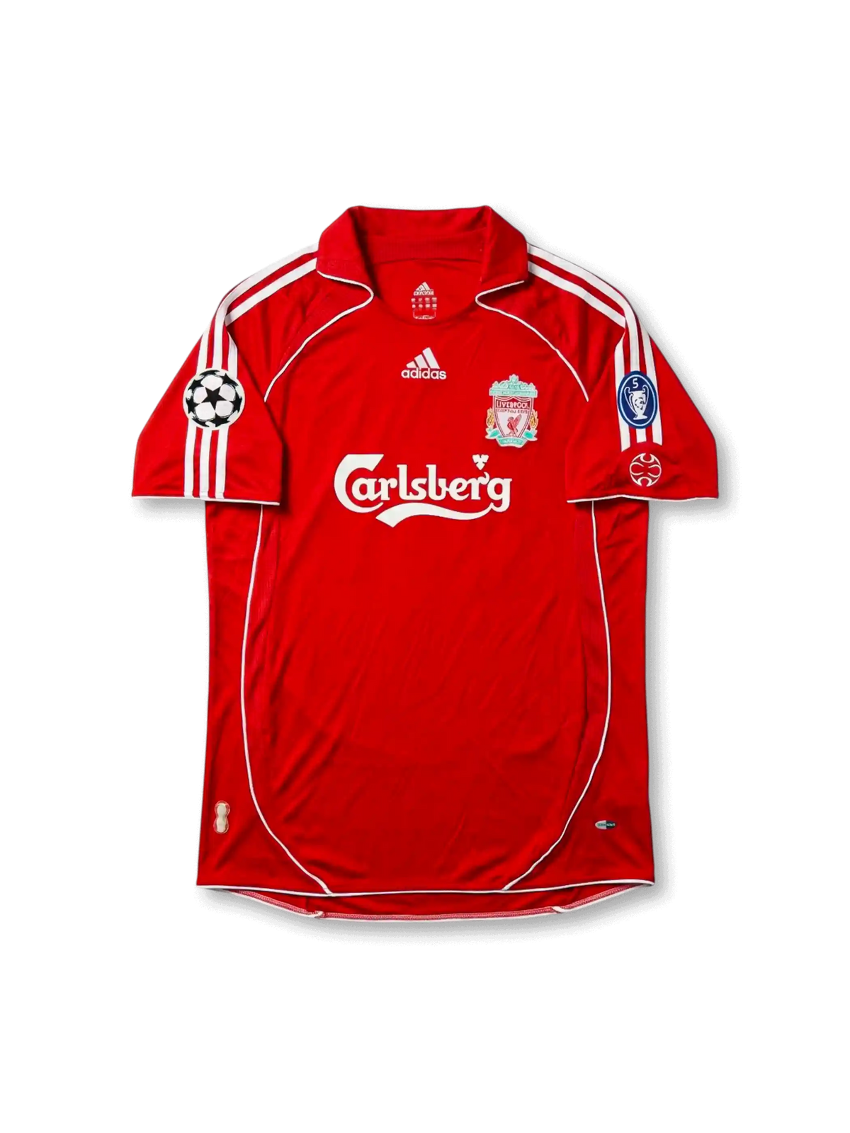 Front view of Liverpool 2005-06 Champions League home shirt with red body, Carlsberg sponsor, club crest, Adidas detailing, and European sleeve patches.