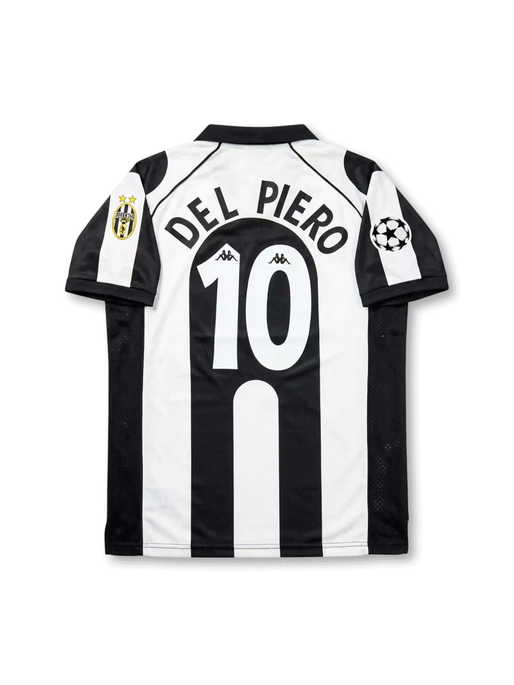 Front view of Juventus 1997-98 Champions League home shirt with black and white stripes, Sony MiniDisc sponsor, Juventus crest, Scudetto shield, and UEFA sleeve patch.