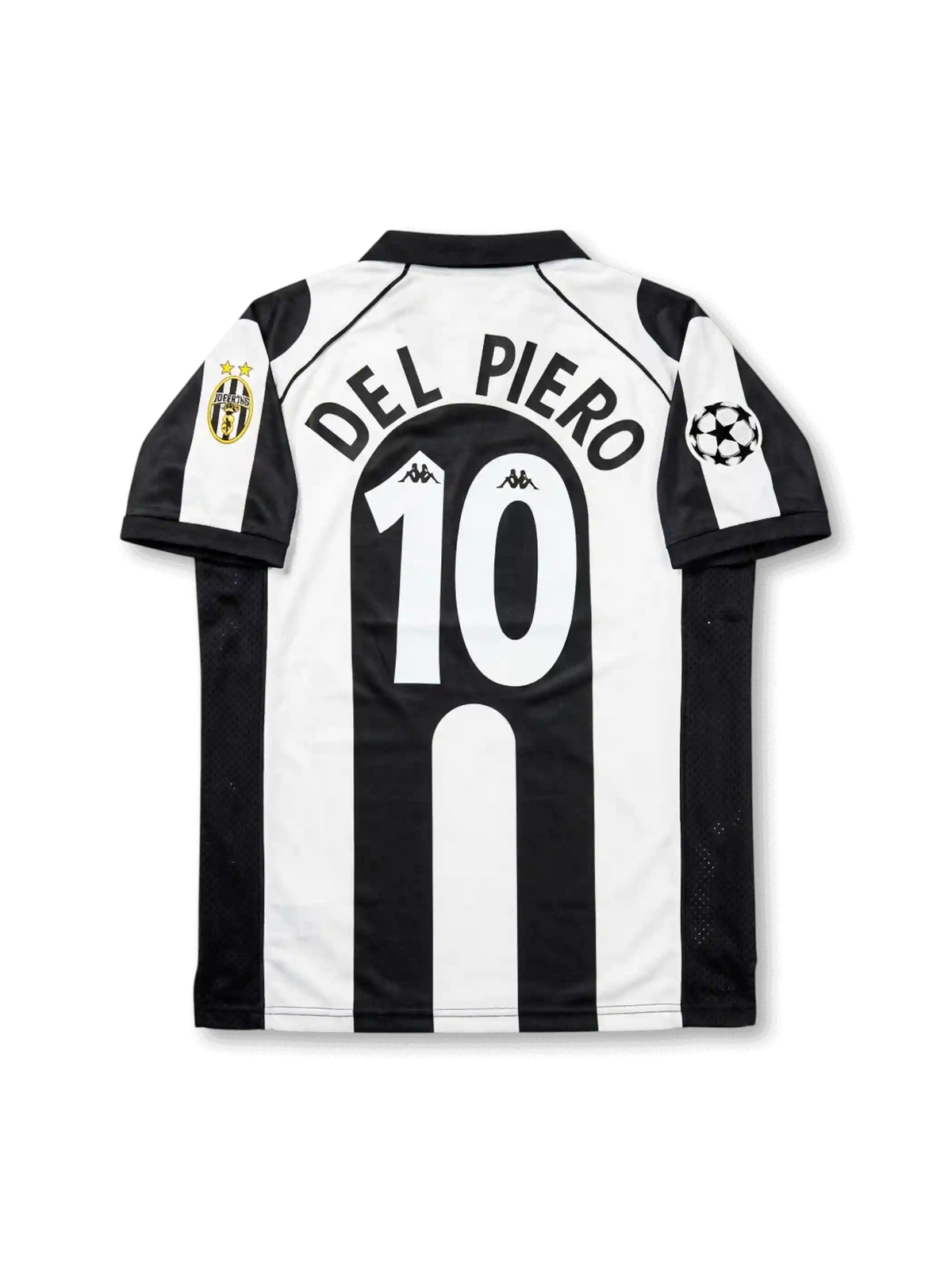 Front view of Juventus 1997-98 Champions League home shirt with black and white stripes, Sony MiniDisc sponsor, Juventus crest, Scudetto shield, and UEFA sleeve patch.