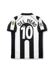 Front view of Juventus 1997-98 Champions League home shirt with black and white stripes, Sony MiniDisc sponsor, Juventus crest, Scudetto shield, and UEFA sleeve patch.