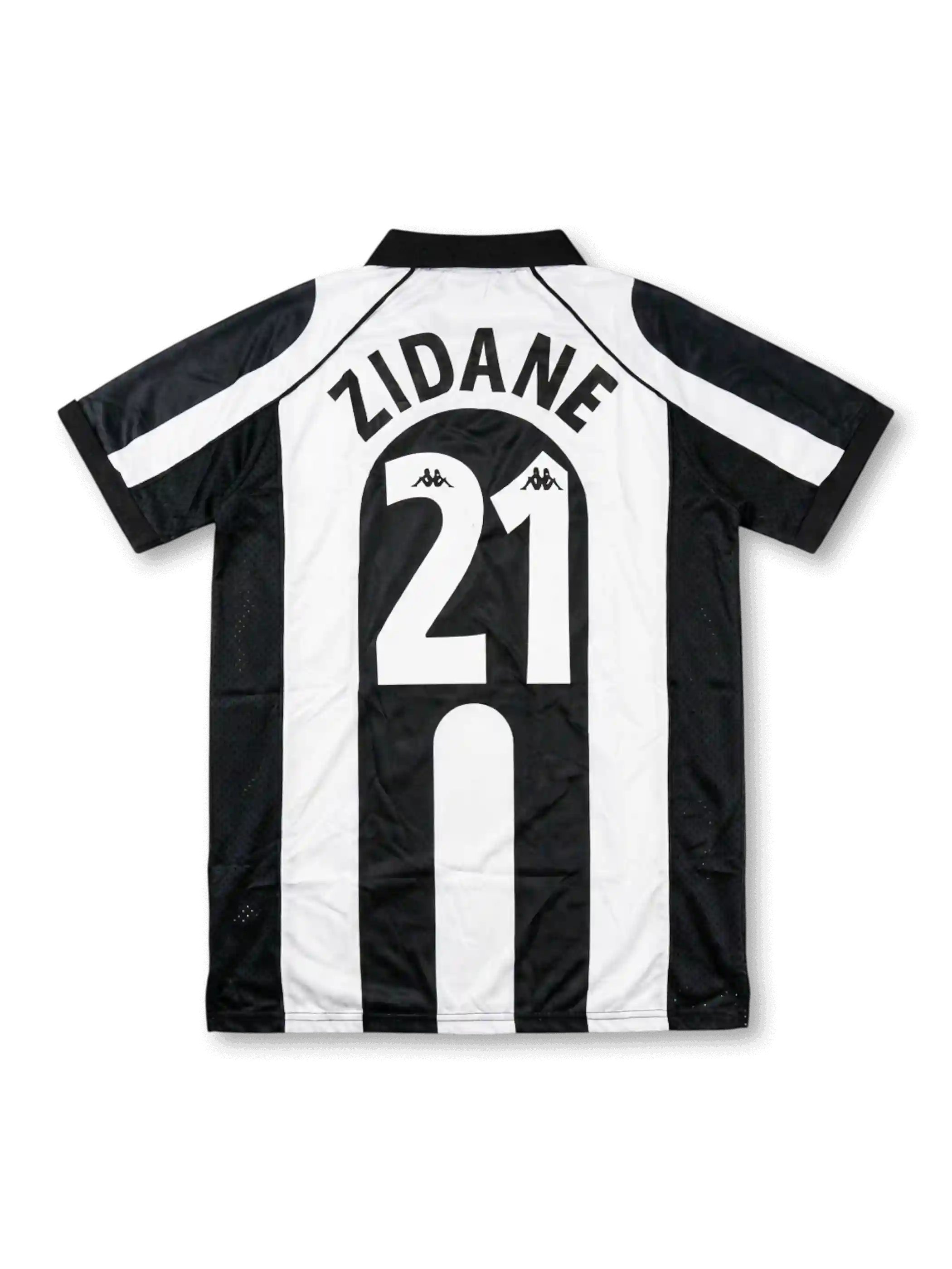 Front view of Juventus 1997-98 Champions League home shirt with black and white stripes, Sony MiniDisc sponsor, Juventus crest, Scudetto shield, and UEFA sleeve patch.